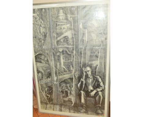 JOHN GARBUTT (BRITISH CONTEMPORARY), 'Homage to K', a surrealist pencil drawing depicting a male figure and the thoughts runn