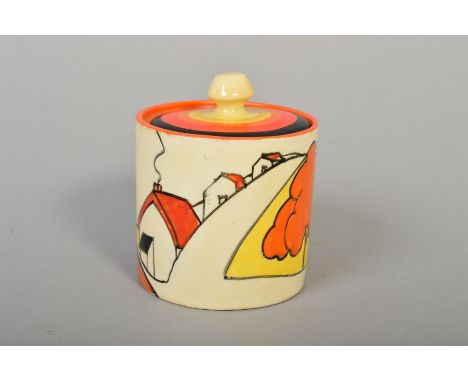 CLARICE CLIFF FOR NEWPORT POTTERY, a preserve pot 'House and Bridge' pattern, black bizarre backstamp, height approximately 9