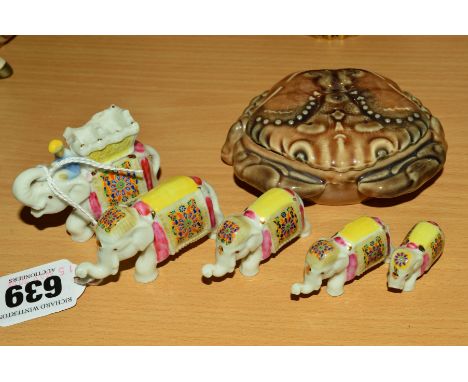 A FIVE PIECE WADE TREASURES SET, Elephant Train), together with a Wade Crab trinket dish (large elephant chip to basket and t
