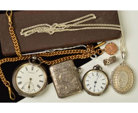 A SELECTION OF MAINLY LATE 19TH CENTURY TO EARLY 20TH CENTURY ITEMS, to include an oval locket suspended on a belcher-link ch