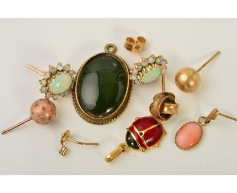 A SELECTION OF JEWELLERY, to include a pair of jelly opal cluster ear studs, five single earrings, one a/f, an oval cabochon 