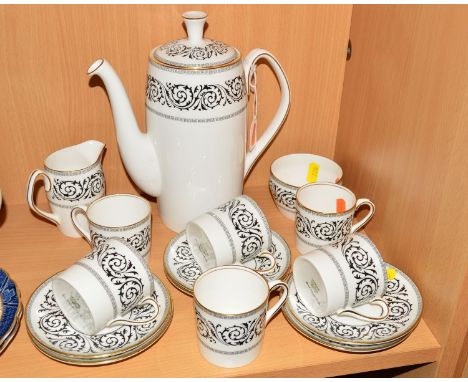 SHELLEY 'BLACK GRECIAN SCROLL' COFFEE SET, No.14294, consisting of coffee pot, cream jug, sugar bowl, six coffee cans and six