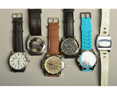 SIX WATCHES, to include a Ruhla Digital watch with white strap and blue face, other watches include, Base, Eiger, Vuillemin R