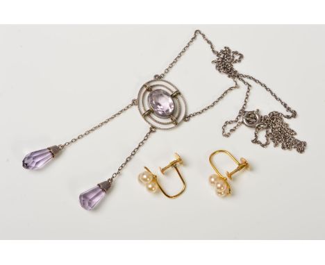 TWO ITEMS OF EARLY 20TH CENTURY JEWELLERY, to include a pair of early 20th century 9ct gold imitation pearl earrings, stamped