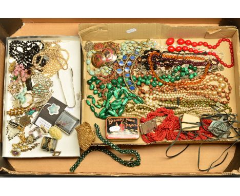 A BOX OF MAINLY COSTUME JEWELLERY, to include two malachite bead necklaces, glass and plastic bead necklaces, imitation pearl