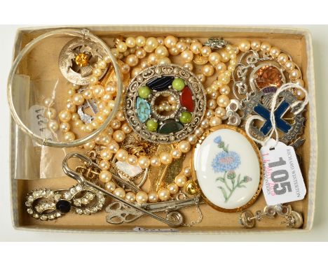 A SMALL SELECTION OF COSTUME JEWELLERY, to include a hinged silver bangle, with silver hallmark, a pair of earrings set with 