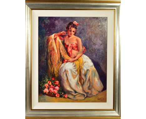 JOSE LUIS GINER (SPANISH CONTEMPORARY), a seated full length portrait of a Spanish Gypsy Lady, signed bottom right, oil on ca