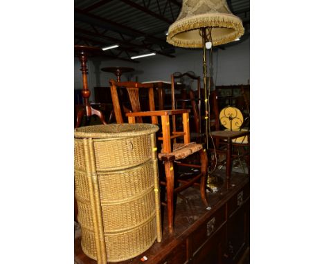 AN EDWARDIAN MAHOGANY THREE TIER CAKE STAND, together with a rush seated chair, brass standard lamp, stool and a wicker unit 