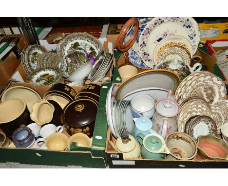 FOUR BOXES OF CERAMICS ETC, to include Denby 'Bakewell' commemorative ware, 'Twilight' teapot, table lamp, mugs and cups, Vas