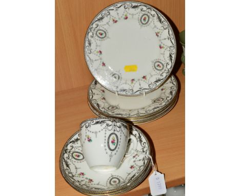 A SMALL GROUP OF SHELLEY TEAWARES, New York Shape, No.8414-6 to base, comprising teacup, three saucers and five side plates, 