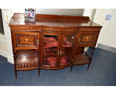 AN EDWARDIAN MAHOGANY AND FLORALLY INLAID SIDEBOARD, with raised back, central bow front above double glazed doors flanked by