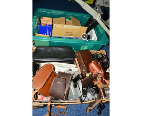 TWO BOXES OF CAMERAS, BINOCULARS, ACCESSORIES, etc, to include 'Crawley, Caernarvon' 8 x 25, 'Koroll Bencini', 'Paxette', 'Ha