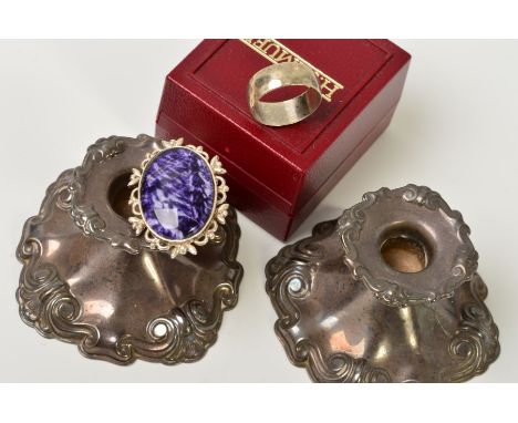 THREE ITEMS OF JEWELLERY AND A PAIR OF SMALL DANISH CANDLESTICKS, to include a pair of scrolling amethyst ear studs, a brooch