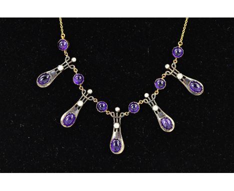 AN AMETHYST AND DIAMOND NECKLACE, designed as five tapered, rounded panels with scrolling detail to the tops, each set with a