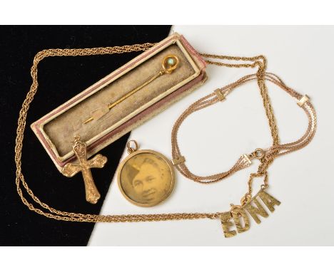 FOUR ITEMS OF JEWELLERY, to include an early 20th Century 9ct gold opal stickpin, an early 20th Century 9ct gold circular pho