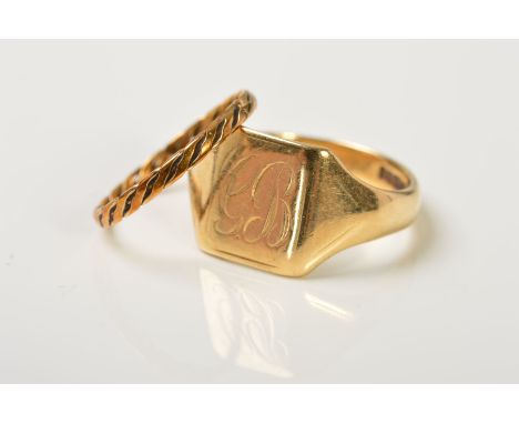 TWO RINGS, the first a 9ct gold signet ring with engraved initials, with 9ct hallmark, ring size R, the second a twisted desi