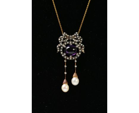 AN AMETHYST, SEED PEARL AND DIAMOND PENDANT NECKLACE, designed as an oval amethyst cabochon within an open diamond surround, 