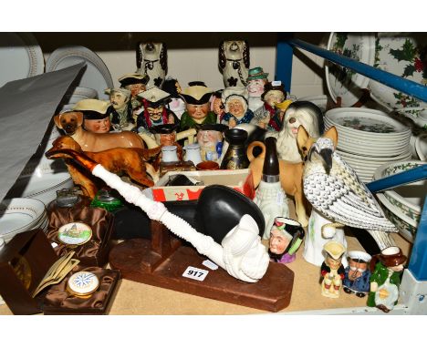 A COLLECTION OF CERAMICS, PIPES ETC, to include a Crown Staffordshire 'Black and White Kingfisher', various character toby/te