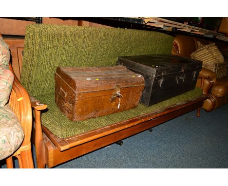 A 1980'S TEAK SOFA BED with green draylon upholstery, width 197.5cm