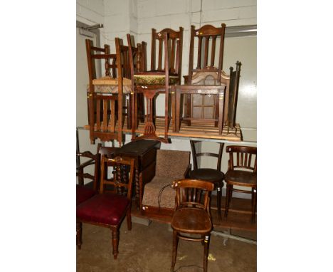 A COLLECTION OF VARIOUS CHAIRS to include three bentwood chairs, etc, together with an oak barley twist drop leaf table, fire