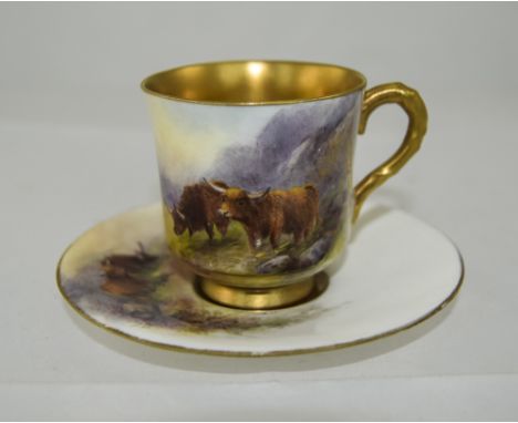 Royal Worcester Hand Painted and Signed Miniature Cup and Saucer ' Highland Cattle ' Signed Harry Stinton to Both Cup and Sau