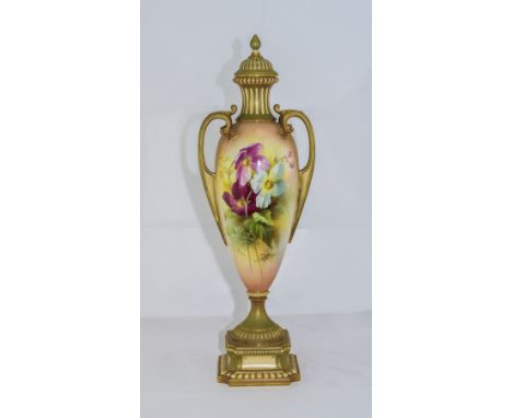 Royal Worcester Fine and Impressive Tall Twin Handle Lidded Vase ' Spring Flowers ' Signed Roberts. Date 1908. Shape No.1957.
