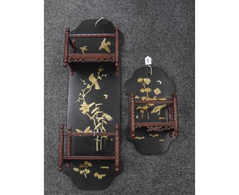2 Oriental Style Wall Brackets One With Single Shelf, The Other With 2, Shaped Backs With Floral And Bird Decoration