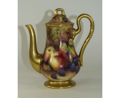 Royal Worcester Hand Painted and Signed Coffee Pot ' Fallen Fruits ' Stillife. Signed H. Price. Date 1933, 7 Inches High. Hai