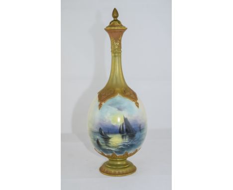 Royal Worcester Hand Painted Vase and Cover ' Sailing Boats ' Signed Raymond Rushton. Date 1939. Stands 10.5 Inches In Height