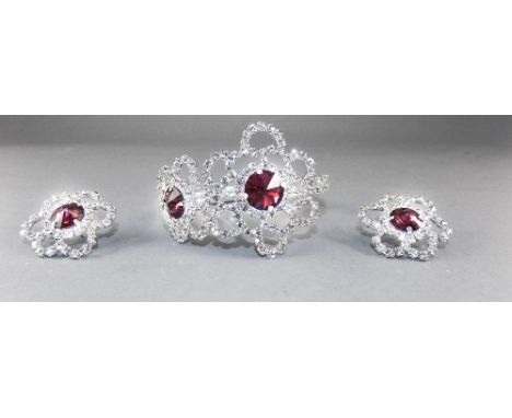 Merlot and Clear Crystal Bangle and Earrings Set, the bangle having two clear crystal openwork flowers to the front, centred 