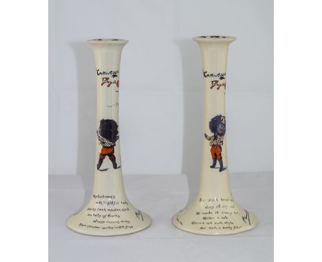 T & R Boote Waterloo Potteries Rare Pair of Gollys Bicycle Club Candlesticks, Illustrations by Florence Upton, Words by Her S