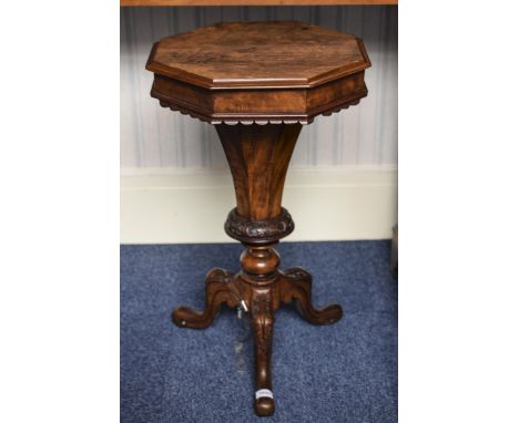 Mid Victorian Walnut Ladies Sewing Table, Octagonal Hinged Top To Reveal Fitted Interior, Faceted Column On Carved Tripod Bas