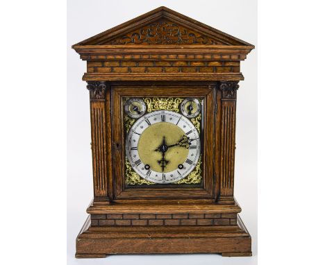 Winterhalder and Hoffmeier Oak Carved Architectural Bracket Clock, with Two Train Movement, Striking on Each Quarter and Full