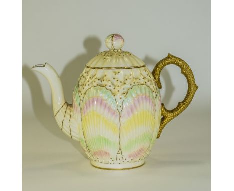 Coalport Teapot, Raised Shell Decoration on Cream Background, Pastel Colours with Gilt Handle. Height 7.5 Inches.