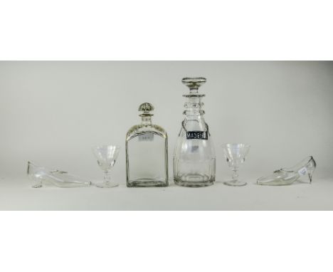 Small Collection Of Glass Comprising Pair Of Wedding Toasting Glass Slippers, Two Elizabeth II Coronation Glasses, Decanter W