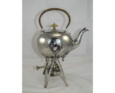 Mappin & Webb Globular Shaped Silver Spirit Kettle and Stand, Complete with Burner with a Basket Weave Handle and Ivory Finia