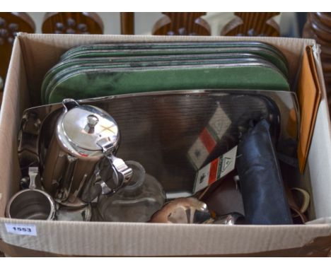 Box Of Miscellaneous Items. Comprising Stainless Steel Coffee Pot, Tea Pot, Glass Decanter, Place Mats, etc. 