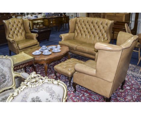Tan Leather Three Piece Chesterfield Suite Comprising High Back Button Back 2 Seater With 2 Wing Back Matching Armchairs, Rai