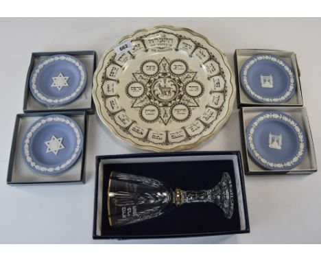 Collection Of Assorted Judacia Items, 6 in Total. Comprising Spode Passover Plate in Pottery with Brown Litho, 4 Wedgwood Blu