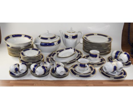 Ligne Mechas Porcelain Fine China Part Tea Coffee And Dinner Service. Blue White And Gold Painted Decoration. Comprising Tea/