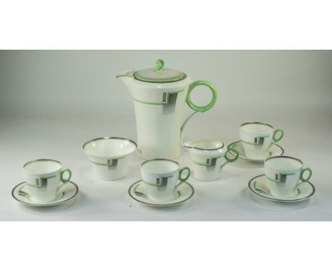 Shelley Art Deco ( 11 ) Piece Part Tea Service. c.1938 ' Bands and Block ' In Green and Grey. Silver Rim, Pattern Num 12317, 