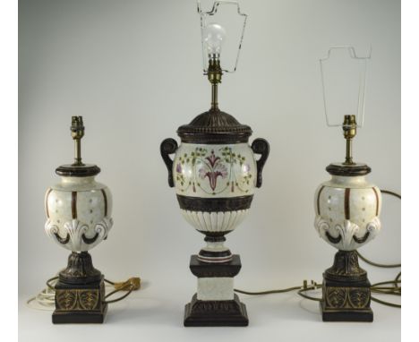 A Trio of Impressive Late 20th Century Ceramic and Bronzed Metal Table Lamps In The Classical Style with The Central and Tall