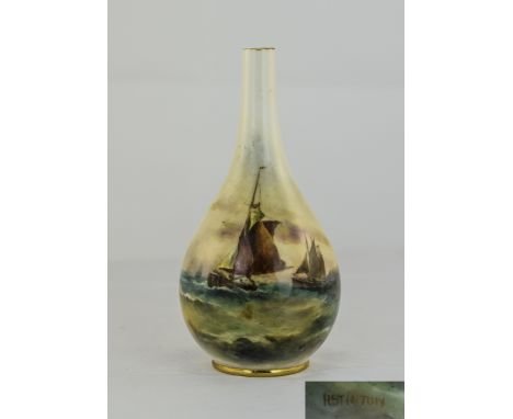 Royal Worcester Hand Painted and Signed Rare Vase ' Sailing Boats' Signed Harry Stinton. Date 1905. 5.75 Inches High. Gilt Ru