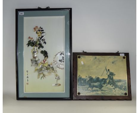 Framed Oriental Picture, Appears To Be Jadeite Stones, Abelone Various Shells, Depicting A Lady At Work With Vase And Flowers