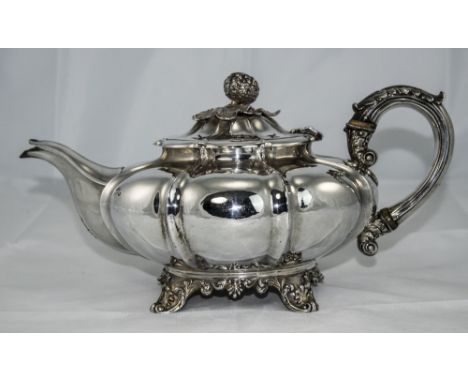 William IV - Fine Melon Shaped Silver Teapot, Raised on Shell Splayed Feet, with Embellished Finial Shaped Pumpkin to Lid, A 