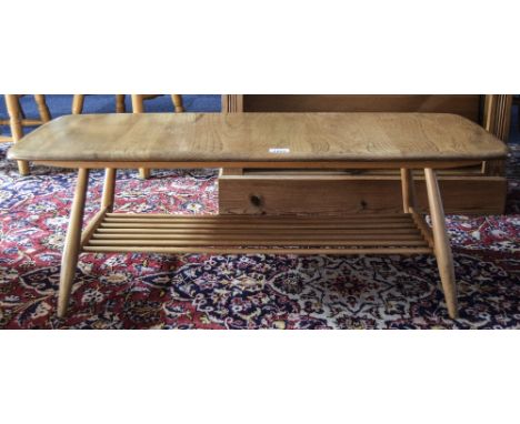 Ercol Coffee Table Rounded Rectangular Form With Spindle Cross Stretcher, Top 18x41 Inches, 14 Inches High