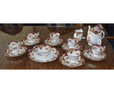 Shelley 22 Piece Tea Service, Ratauds Regal Pattern, Number 13387. Maroon And Yellow Scrolled Border. Pink, Blue, White And Y