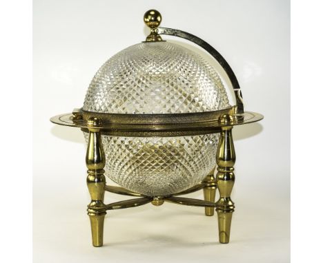 Unusual French Globe Gilt Metal Ice Bucket Of Fine Heavy Quality. The lid lifts up by the frame, supported by baluster turned