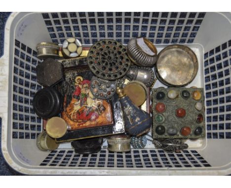 Mixed Lot Of Middle Eastern Pill Boxes, Trinket Boxes, White Metal/Base Metal, Some Stone Set, 2 White Metal Stone Set Scent 