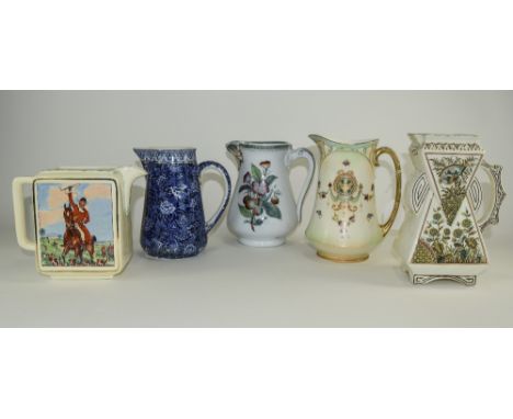 Collection Of Five Ceramic Jugs. Including Newhall England Jug Depicting Hunting Scene To Front, Shelley Jug, Crown Devon Jug